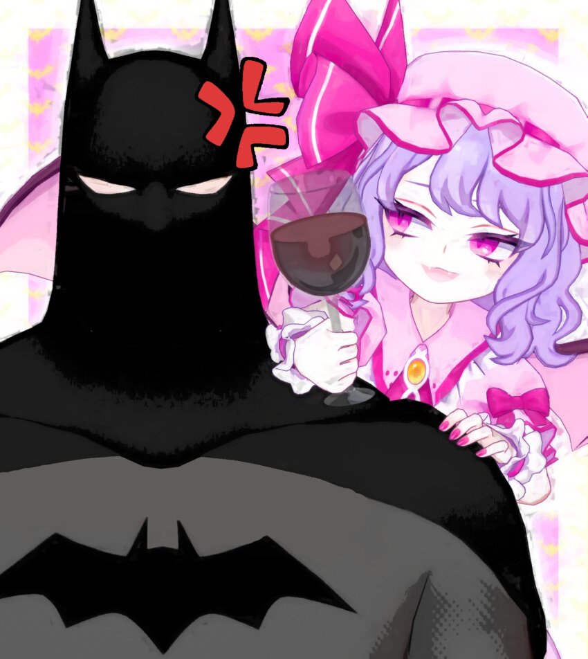 anger_vein angry batman batman_(series) batman_symbol black_cape blue_hair bodysuit brooch cape dc_comics fangs grey_bodysuit hat hat_ribbon highres jewelry mask mikumikudance_(medium) mob_cap pink_hat remilia_scarlet ribbon smug superhero_costume touhou two-tone_bodysuit vampire wrench_(superwrenching) wrist_cuffs