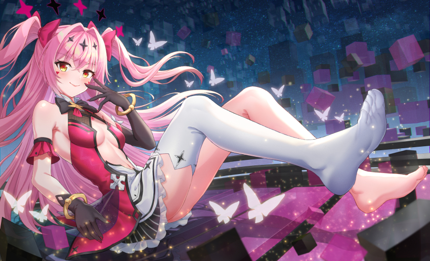 1girl agiri_(agiri_box) armpits bare_shoulders barefoot black_bow black_bowtie black_gloves bow bowtie bracelet bug butterfly center_opening diamond_(shape) dress elbow_gloves epic_seven facial_mark feet fishnets foot_focus gloves hair_bow hand_on_own_face highres insect jewelry knees_up long_hair luluca_(epic_seven) navel pink_bow pink_dress pink_hair single_elbow_glove single_thighhigh thighhighs thighs top_model_luluca_(epic_seven) two_side_up white_thighhighs yellow_eyes