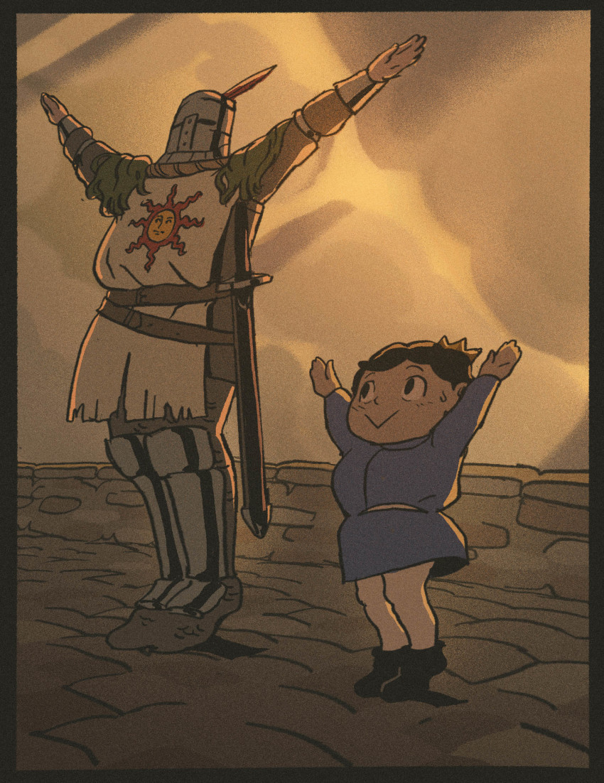 2boys :&gt; armor belt black_border black_hair blue_coat bojji border chainmail cloud cloudy_sky coat commentary crossover crown dark_souls_(series) dark_souls_i english_commentary full_body gobert greaves helmet highres looking_at_another multiple_boys ousama_ranking outstretched_arms praise_the_sun sheath sheathed short_hair sky solaire_of_astora spread_arms standing sweatdrop sword tabard weapon