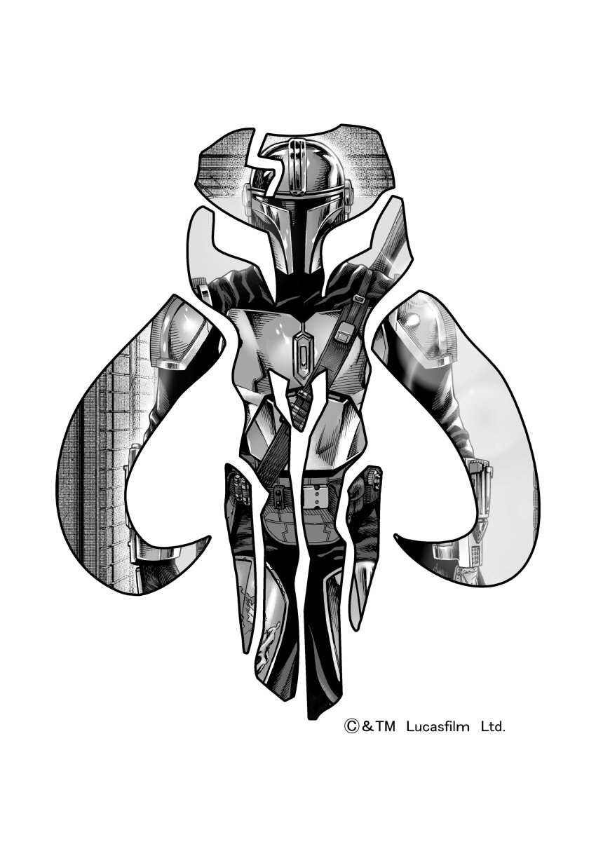 1boy absurdres armor din_djarin highres male_focus mandalorian monochrome official_art oosawa_yuusuke solo star_wars text_focus the_mandalorian weapon
