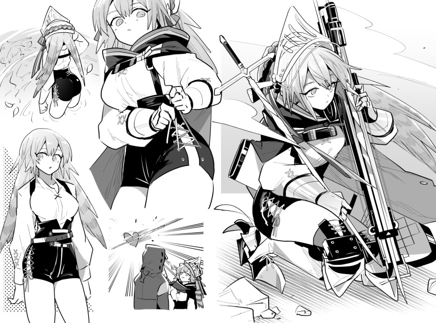 1girl 1other ambiguous_gender arknights arms_at_sides ass bow_(weapon) breasts cowboy_shot criss-cross_strings crossbow doctor_(arknights) emphasis_lines expressionless falling_leaves fartooth_(arknights) feather_hair from_above from_behind from_below full_body gauntlets greyscale hands_up holding holding_crossbow holding_sword holding_weapon hood hood_up iwashi_80 leaf light_smile limbless_crossbow long_hair long_sleeves medium_breasts monochrome multiple_views ripples shirt shooting_through_heart shorts squatting sword tying visor_(armor) wading water weapon