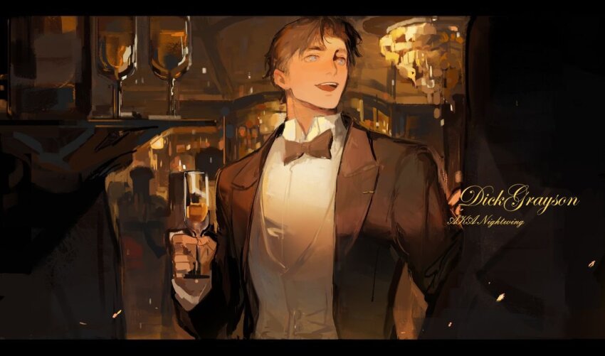 1boy batman_(series) black_bow black_bowtie black_hair black_jacket blue_eyes bow bowtie character_name cup dc_comics dick_grayson hayamafair holding holding_cup holding_plate jacket letterboxed looking_to_the_side male_focus open_mouth plate shirt short_hair smile solo upper_body white_shirt