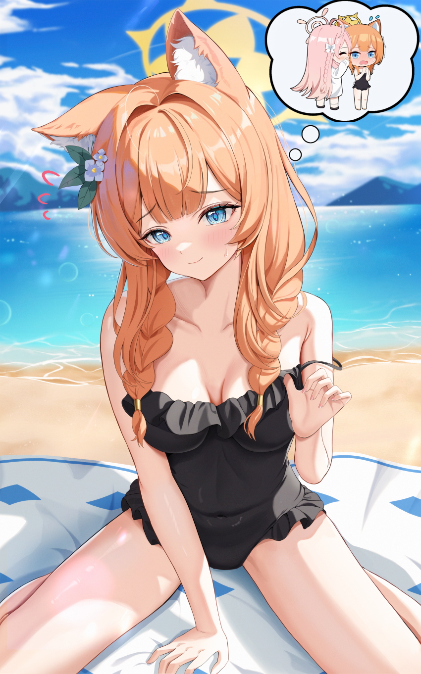 1girl absurdres animal_ear_fluff animal_ears beach black_one-piece_swimsuit blue_archive blue_eyes blush braid breasts breasts_apart cat_ears closed_mouth collarbone covered_navel day flower flying_sweatdrops hair_flower hair_ornament halo hanako_(blue_archive) highres implied_extra_ears kesa_pasa long_hair looking_at_viewer mari_(blue_archive) mari_(swimsuit)_(blue_archive) medium_breasts ocean official_alternate_costume one-piece_swimsuit orange_hair outdoors pink_hair single_braid sky solo swimsuit twin_braids white_flower yellow_halo