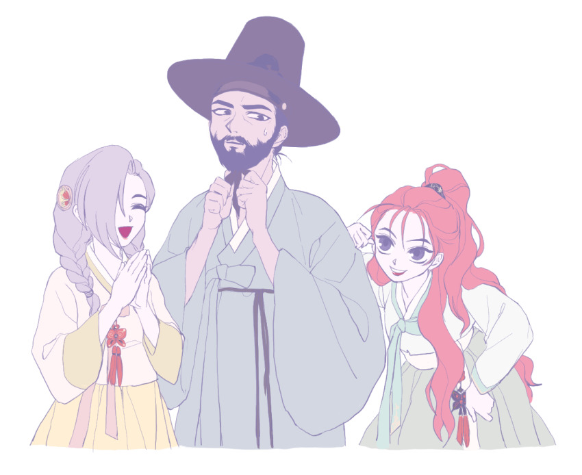 1boy 2girls alternate_costume arcturus beard black_hair black_hat braid carrot_aarseth commentary_request cowboy_shot facial_hair gat_(hat) grey_hair grey_hanbok hair_over_one_eye hat korean_commentary korean_text long_hair multiple_girls open_mouth orange_hair peach_aarseth purple_eyes short_hair siblings simple_background sisters smile tenzi_(arcturus) ttyo_(yon) twin_braids upper_body white_background yellow_hanbok