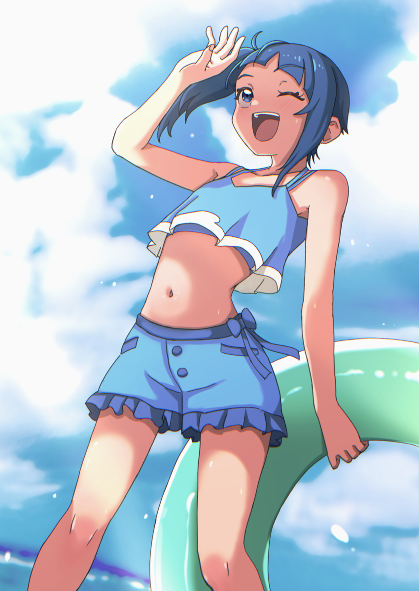 1girl ;d absurdres bikini bikini_shorts blue_bikini blue_hair blue_sky cloud cloudy_sky commentary cut_bangs day dutch_angle frilled_shorts frills hakuino_hakase highres hirogaru_sky!_precure holding holding_swim_ring horizon innertube looking_to_the_side medium_hair navel ocean one_eye_closed open_mouth outdoors precure redrawn shading_eyes shorts side_ponytail single_sidelock sky smile sora_harewataru standing swim_ring swimsuit wet