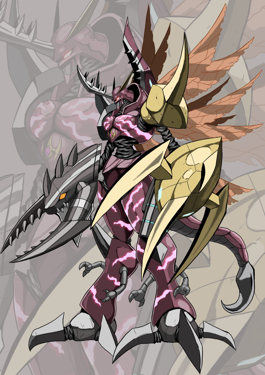absurdres claws digimon digimon_(creature) fusion glowing glowing_eyes grankuwagamon heraklekabuterimon highres horns omegamon original pincers red_eyes sutunununu tail yellow_eyes