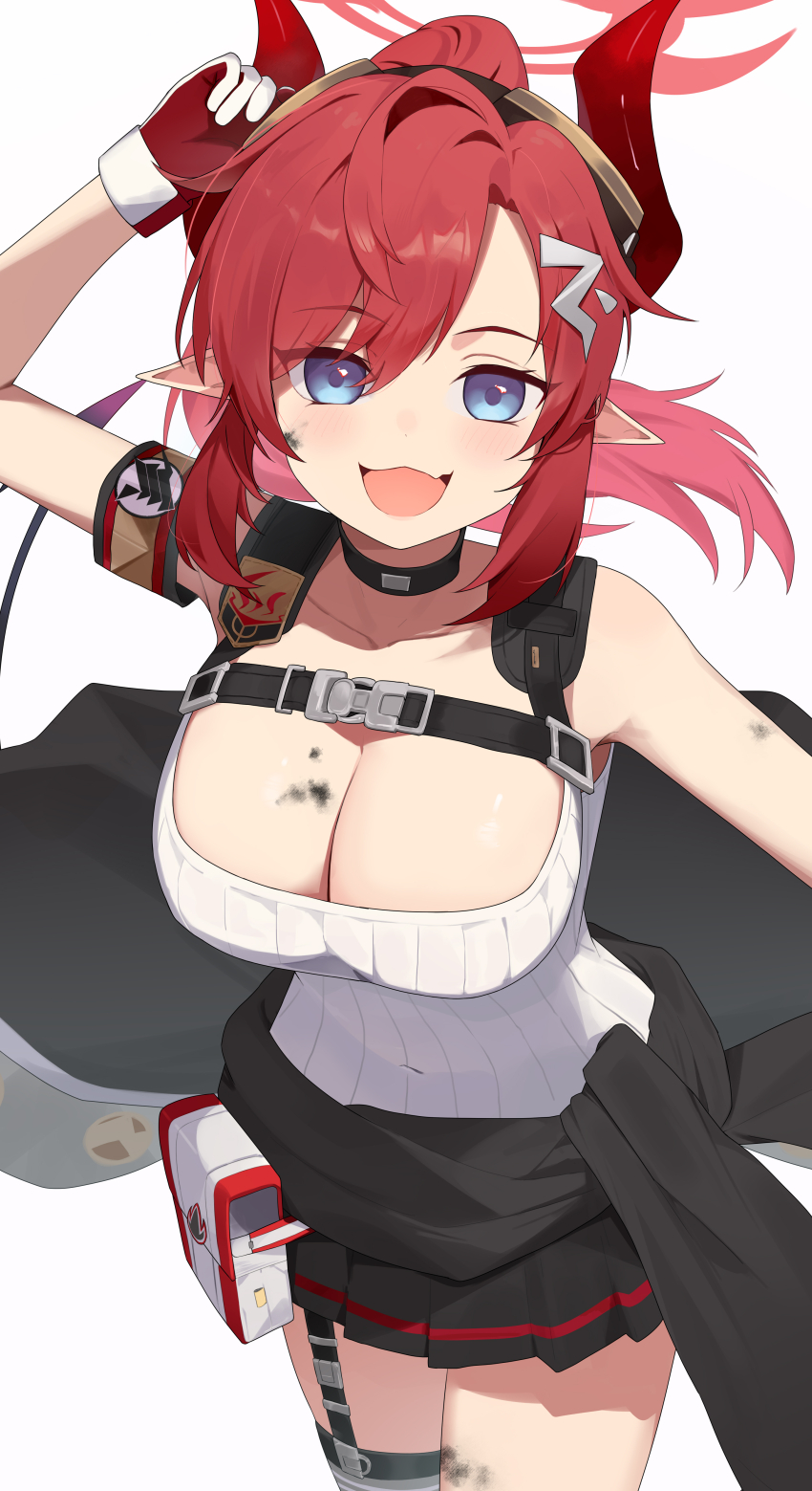 1girl absurdres arm_up armband bare_shoulders black_jacket black_skirt blue_archive blush breasts chest_belt cleavage clothes_around_waist collarbone commentary_request demon_girl demon_horns dirty dirty_face gloves goggles goggles_on_head halo highres horns jacket jacket_around_waist large_breasts long_hair looking_at_viewer megu_(blue_archive) miniskirt open_mouth pleated_skirt pointy_ears red_armband red_gloves red_hair red_halo red_horns ribbed_shirt ruha_(ruha12haru) shirt simple_background skirt smile solo thigh_strap two-tone_gloves white_background white_gloves white_shirt