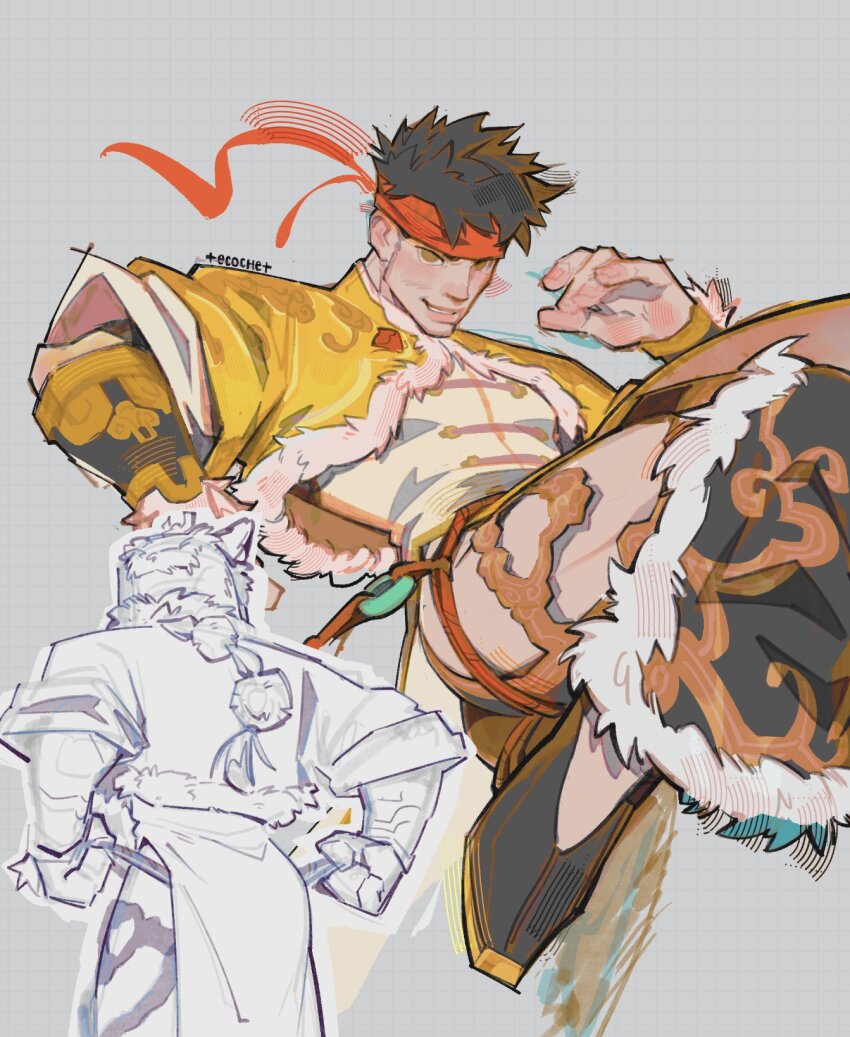 1boy ass black_hair chinese_clothes highres iron_fist_(marvel) lin_lie_(marvel) looking_at_viewer male_focus marvel marvel_rivals mask muscular muscular_male short_hair simple_background solo superhero_costume tecotit underwear