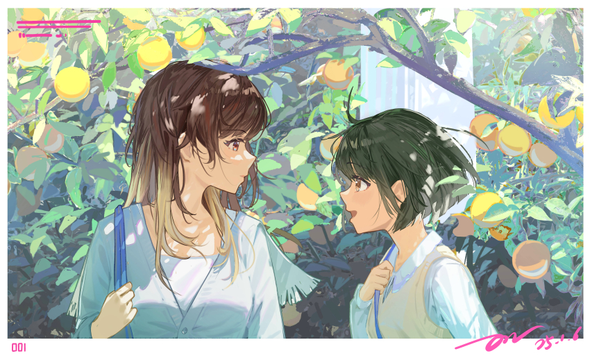 2girls absurdres aketa_mikoto blonde_hair border brown_hair cardigan commentary_request da_tengzi dated eye_contact food fruit gradient_hair greyscale highres idolmaster idolmaster_shiny_colors looking_at_another medium_hair monochrome multicolored_hair multiple_girls nanakusa_nichika outdoors profile shirt short_hair signature smile sweater_vest upper_body white_border white_cardigan white_shirt yuzu_(fruit)