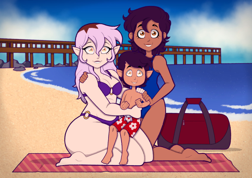 1boy 2girls absurdres alternate_universe amity_blight beach bikini blue_sky breasts child cleavage cloud commentary dark-skinned_female dark_skin english_commentary highres interracial looking_at_viewer luz_noceda multiple_girls o-ring o-ring_bikini original outdoors sand sky swimsuit the_owl_house thick_thighs thighs tonyneely water wife_and_wife