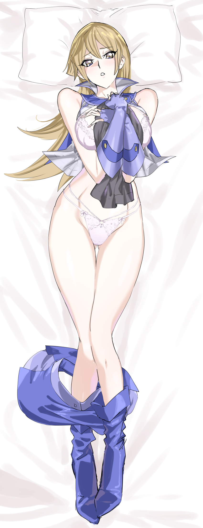 1girl absurdres bare_shoulders bed_sheet blonde_hair blue_skirt bra breasts brown_eyes brown_hair collared_shirt commission dakimakura_(medium) duel_academy_uniform_(yu-gi-oh!_gx) fingerless_gloves full_body gloves gluteal_fold groin hair_between_eyes highres incredibly_absurdres large_breasts long_hair looking_at_viewer lying mogi_yasunobu on_back panties pillow pink_bra pink_panties pixiv_commission shirt skirt sleeveless sleeveless_shirt solo tenjouin_asuka thighs underwear unworn_skirt white_shirt yu-gi-oh! yu-gi-oh!_gx