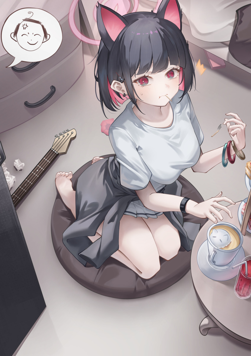 1boy 1girl absurdres anger_vein animal_ears barefoot black_hair black_jacket blue_archive blunt_ends cat_ears cat_girl clothes_around_waist coffee colored_inner_animal_ears colored_inner_hair dessert doodle_sensei_(blue_archive) earrings extra_ears food food_in_mouth guitar highres instrument jacket jacket_around_waist jewelry kazusa_(band)_(blue_archive) kazusa_(blue_archive) looking_at_viewer miku_rasha multicolored_hair official_alternate_costume pink_eyes seiza sensei_(blue_archive) shirt short_hair short_sleeves sidelocks sitting skirt solo_focus sweatdrop t-shirt two-tone_hair white_shirt white_skirt wristband