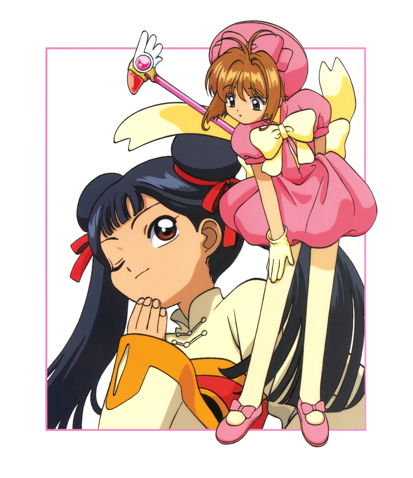 1990s_(style) 2girls absurdres antenna_hair back_bow black_hair border bow brown_eyes brown_hair cardcaptor_sakura chinese_clothes closed_mouth dot_nose double_bun dress full_body fuuin_no_tsue gloves green_eyes hair_bow hair_bun hair_intakes hand_on_own_leg hand_to_own_mouth hat hat_bow highres holding holding_wand kinomoto_sakura kinomoto_sakura_(macaron) leaning_forward li_meiling long_hair looking_to_the_side mary_janes multiple_girls official_art one_eye_closed pantyhose parted_lips pink_border pink_bow pink_dress pink_hat pink_shoes red_bow retro_artstyle scan shoes short_dress short_hair simple_background smile standing takahashi_kumiko twintails wand white_background white_bow white_gloves white_pantyhose