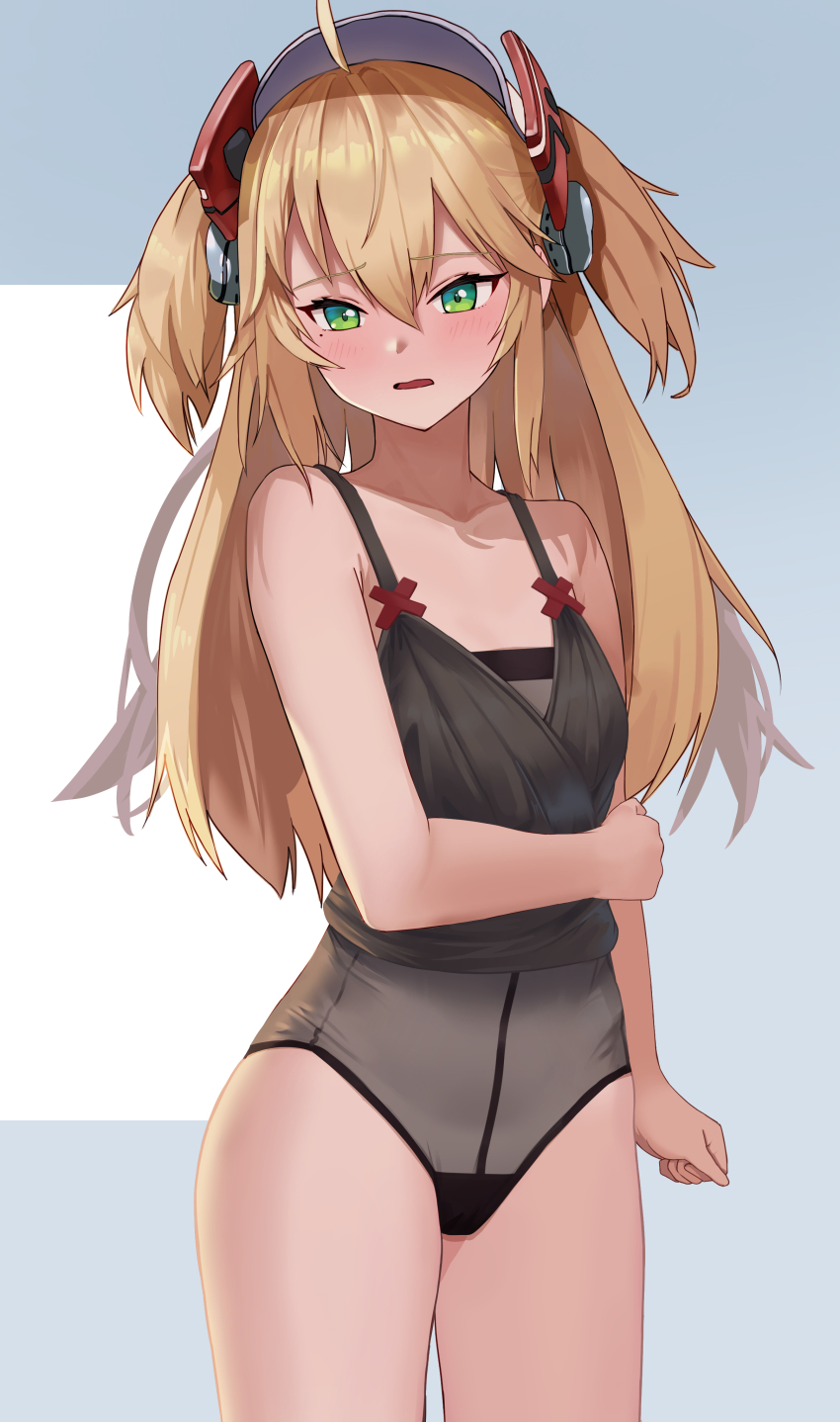 1girl absurdres admiral_hipper_(azur_lane) ahoge armpit_crease azur_lane bare_shoulders blonde_hair blush collarbone commentary green_eyes hair_between_eyes highres long_hair looking_at_viewer mole mole_under_eye nanado27_7 nervous open_mouth solo two_side_up wavy_mouth