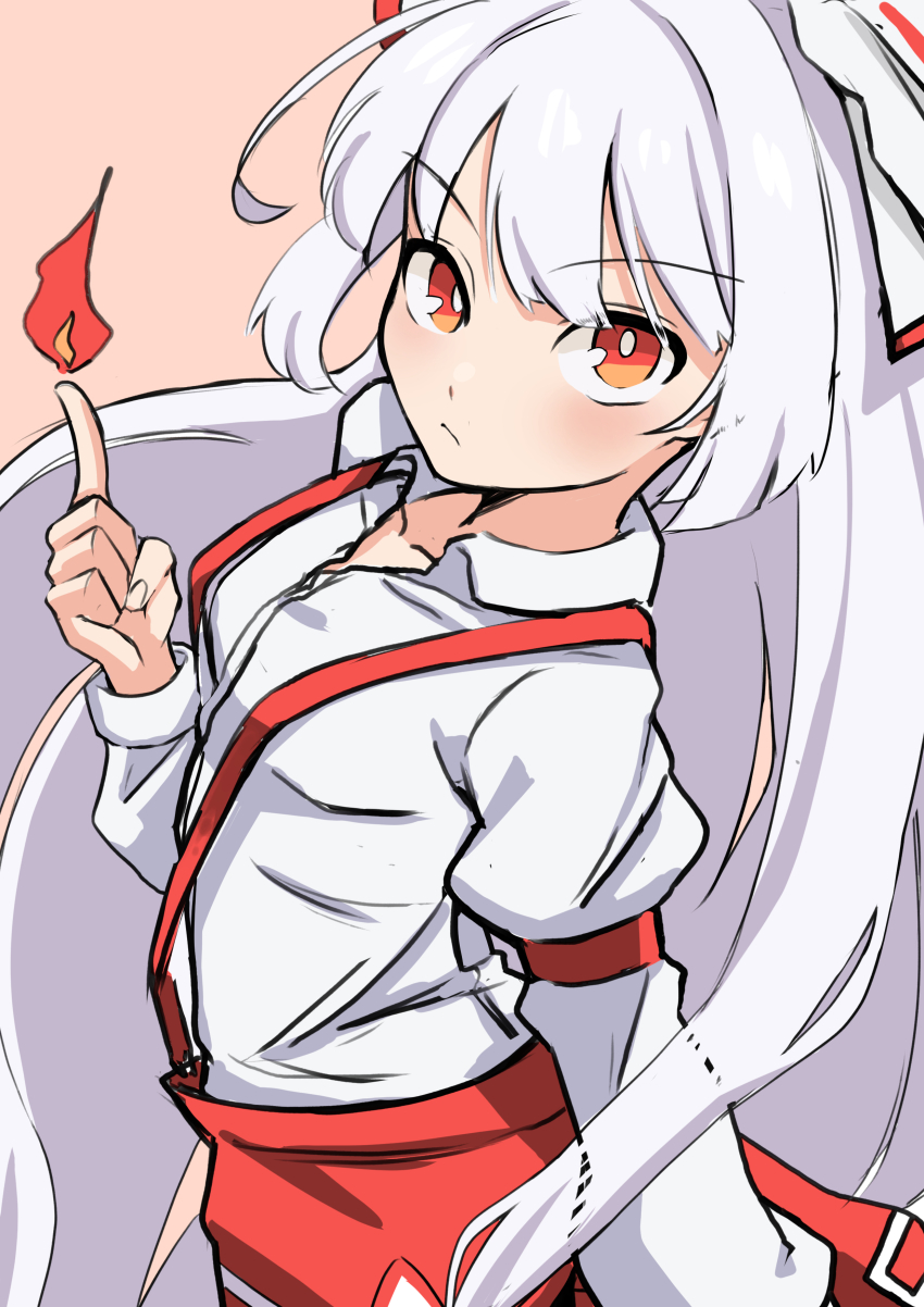 1girl absurdres bow closed_eyes collared_shirt cowboy_shot fire from_side fujiwara_no_mokou hair_bow highres index_finger_raised juliet_sleeves long_hair long_sleeves looking_at_viewer looking_to_the_side pants pink_background puffy_sleeves red_eyes red_pants shirt simple_background solo suspenders touhou v-shaped_eyebrows very_long_hair white_hair white_shirt yuuka_(a0240765)
