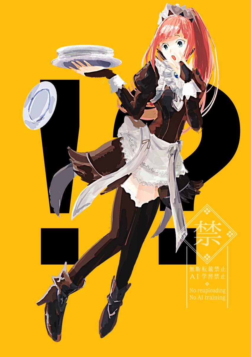 !? 1girl aoyoru_(bazaaku) apron feather_trim felicia_(fire_emblem) fire_emblem fire_emblem_fates highres maid maid_apron maid_headdress nintendo nohrian_maid_uniform pink_hair ponytail
