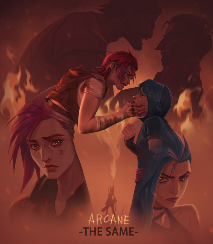 2boys 2girls absurdres aged_down angry arcane:_league_of_legends arcane_jinx arcane_vi arm_wrap asymmetrical_hair bandaged_arm bandaged_hand bandages beard betrayal black_sclera blood blood_on_clothes blood_on_face blue_hair brothers brown_hair brown_shirt child chinese_commentary closed_mouth colored_sclera commentary copyright_name crying eyebrow_cut facial_hair facial_tattoo father_and_daughter fire flare full_beard gloves hair_ornament hair_slicked_back hairclip head_grab highres holding hood hooded_vest hoodie jacket jinx_(league_of_legends) league_of_legends long_hair looking_at_viewer multiple_boys multiple_girls nose_piercing piercing pink_hair powder_(arcane) red_jacket sad scar scar_across_eye scar_on_face shirt short_hair siblings sidecut silco_(arcane) silhouette sisters strangling tattoo tearing_up tears teeth title_page undercut vander_(arcane) vest vi_(league_of_legends) wrist_wrap yyc992