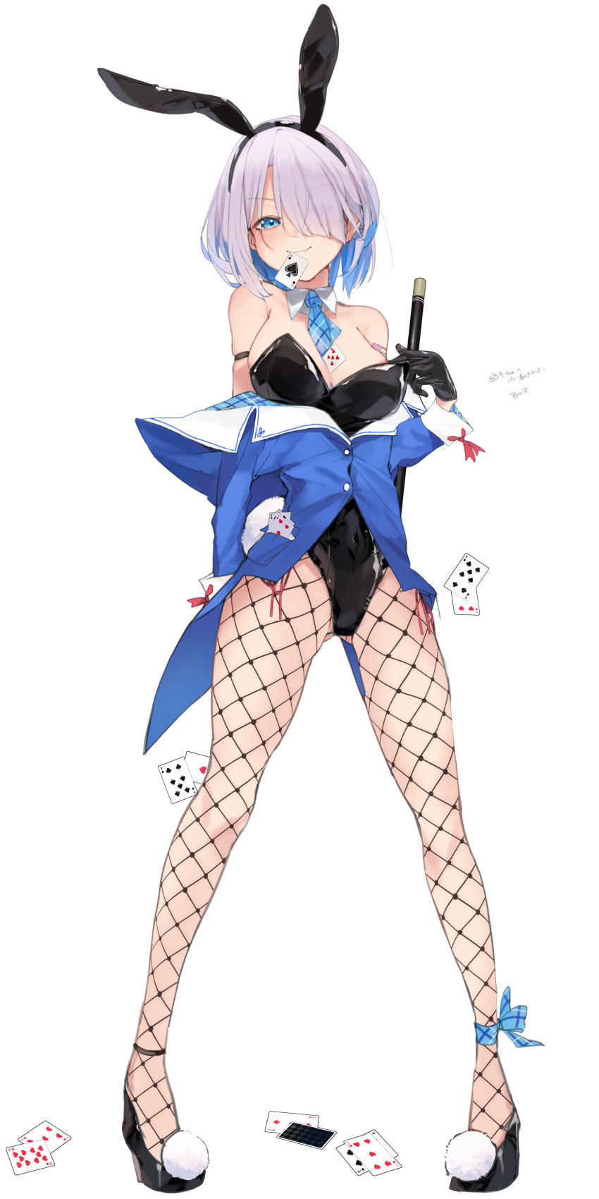 1girl absurdres animal_ears arm_behind_back arm_strap between_breasts beyblade black_gloves black_leotard black_shoes blue_eyes blue_hair blue_jacket breasts card closed_mouth colored_inner_hair commentary_request fake_animal_ears fishnet_pantyhose fishnets full_body gloves grey_hair highres jacket jacket_partially_removed leotard leotard_pull looking_at_viewer mouth_hold multicolored_hair necktie necktie_between_breasts pantyhose playboy_bunny playing_card rabbit_ears ryo_(ryo_skrdi) sainen_yuko shoes short_hair small_breasts smile solo standing strapless strapless_leotard
