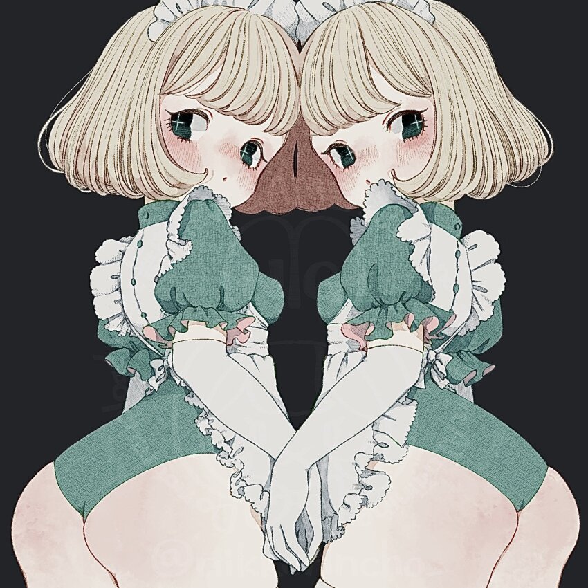 +_+ 2girls apron ass black_background blonde_hair blue_eyes blush breasts closed_mouth cowboy_shot dot_mouth elbow_gloves frilled_apron frills gloves highres holding_hands leotard looking_back looking_to_the_side maid_headdress medium_breasts medium_hair multiple_girls original puffy_short_sleeves puffy_sleeves short_sleeves siblings symbol-shaped_pupils thighhighs tonoko_(annin_tono) twins
