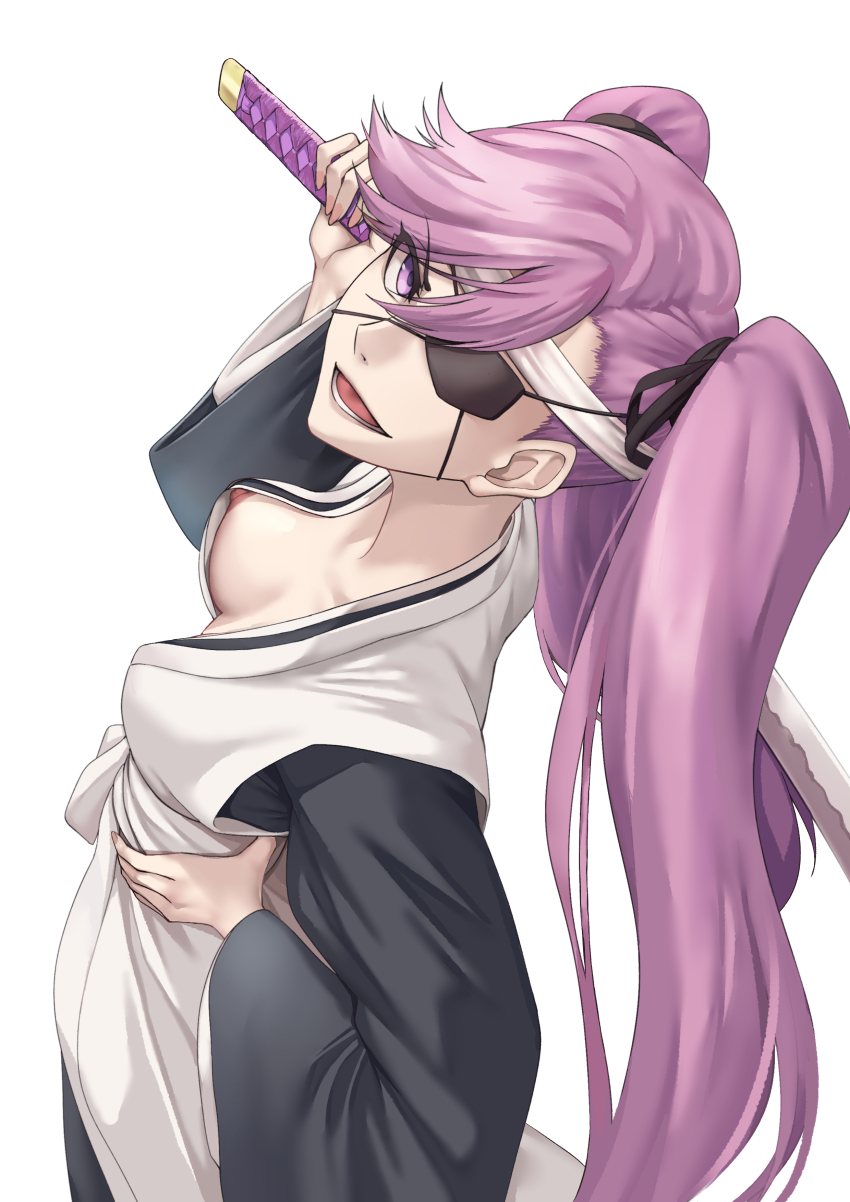 1girl absurdres bleach bleach:_sennen_kessen-hen breasts collarbone eyepatch female_focus hair_ornament hand_on_own_hip headband highres holding holding_sword holding_weapon looking_at_viewer medium_breasts nipple_slip nipples open_mouth purple_hair saitou_furoufushi sakuya_(liao_kj) shihakusho simple_background sword twintails weapon white_background zanpakutou