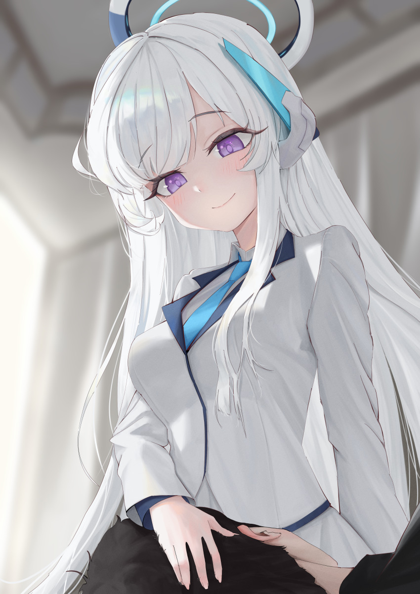 1boy 1girl absurdres blue_archive blush breasts commentary eyelashes halo hand_on_another&#039;s_head highres indoors jacket lap_pillow long_hair necktie noa_(blue_archive) purple_eyes sensei_(blue_archive) shirt smile ubeuna white_hair white_shirt