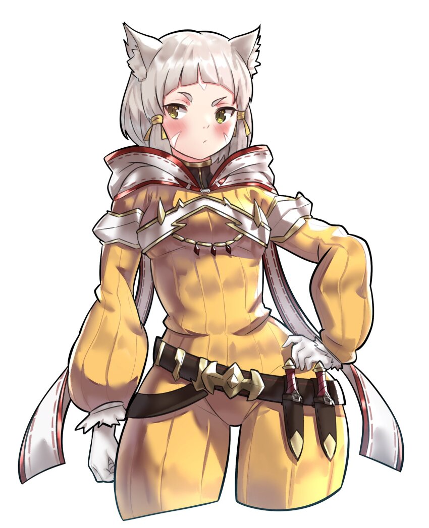 1girl animal_ear_fluff animal_ears arched_bangs blunt_bangs blush cat_ears coolisushi cropped_legs facial_mark gloves grey_hair hand_on_own_hip highres hood jumpsuit long_sleeves nia_(xenoblade) puffy_long_sleeves puffy_sleeves short_hair solo white_gloves wide_hips xenoblade_chronicles_(series) xenoblade_chronicles_2 yellow_eyes yellow_jumpsuit