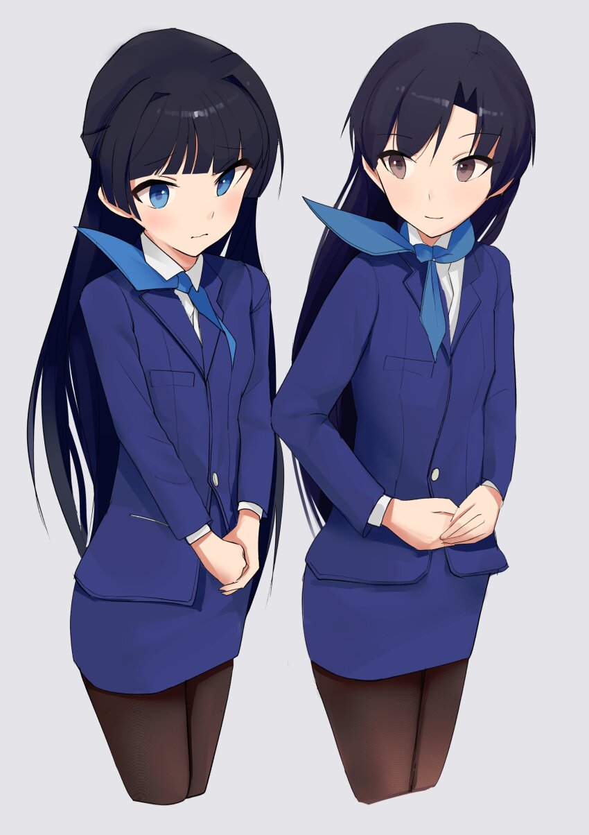 2girls absurdres ascot black_hair blue_ascot blue_eyes blue_jacket blue_skirt blush breasts brown_eyes ch2haya_p closed_mouth collared_shirt commentary cowboy_shot cropped_legs dress_shirt flight_attendant formal_clothes grey_background highres idolmaster idolmaster_(classic) idolmaster_million_live! jacket kisaragi_chihaya long_hair long_sleeves mogami_shizuka multiple_girls own_hands_together pantyhose pencil_skirt shirt simple_background skirt skirt_suit small_breasts smile standing suit suit_jacket symbol-only_commentary travel_attendant white_shirt