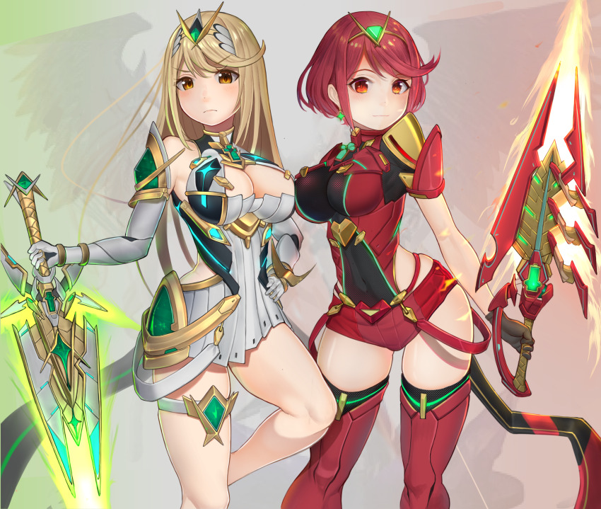 2girls aegis_sword_(xenoblade) blonde_hair breasts circlet cleavage cleavage_cutout closed_mouth clothing_cutout commentary_request core_crystal_(xenoblade) earrings energy_blade energy_sword feet_out_of_frame foot_out_of_frame gatchan glowing glowing_sword glowing_weapon highres holding holding_sword holding_weapon jewelry large_breasts legs long_hair looking_at_viewer medium_breasts medium_hair multiple_girls mythra_(xenoblade) pyra_(xenoblade) red_eyes red_hair simple_background sword weapon xenoblade_chronicles_(series) xenoblade_chronicles_2 yellow_eyes