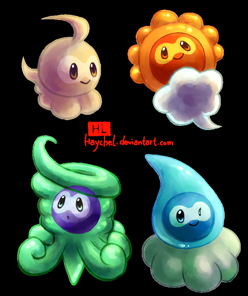 blue_eyes brown_eyes castform castform_(normal) castform_(rainy) castform_(snowy) castform_(sunny) closed_mouth creature full_body gen_3_pokemon green_eyes haychel highres nintendo no_humans one_eye_closed pokemon pokemon_(creature) smile transparent_background watermark web_address