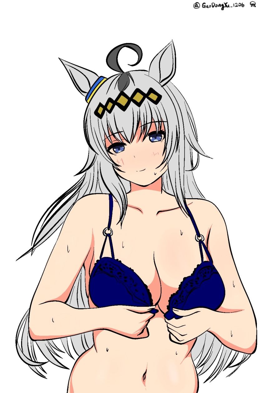1girl ahoge animal_ears blue_bra blue_eyes bra breasts cleavage closed_mouth commentary ding36 ear_ornament front-hook_bra grey_hair hair_ornament half-closed_eyes highres horse_ears horse_girl large_breasts long_hair looking_at_viewer navel oguri_cap_(umamusume) open_bra opened_by_self simple_background smile solo sweat twitter_username umamusume underwear underwear_only white_background