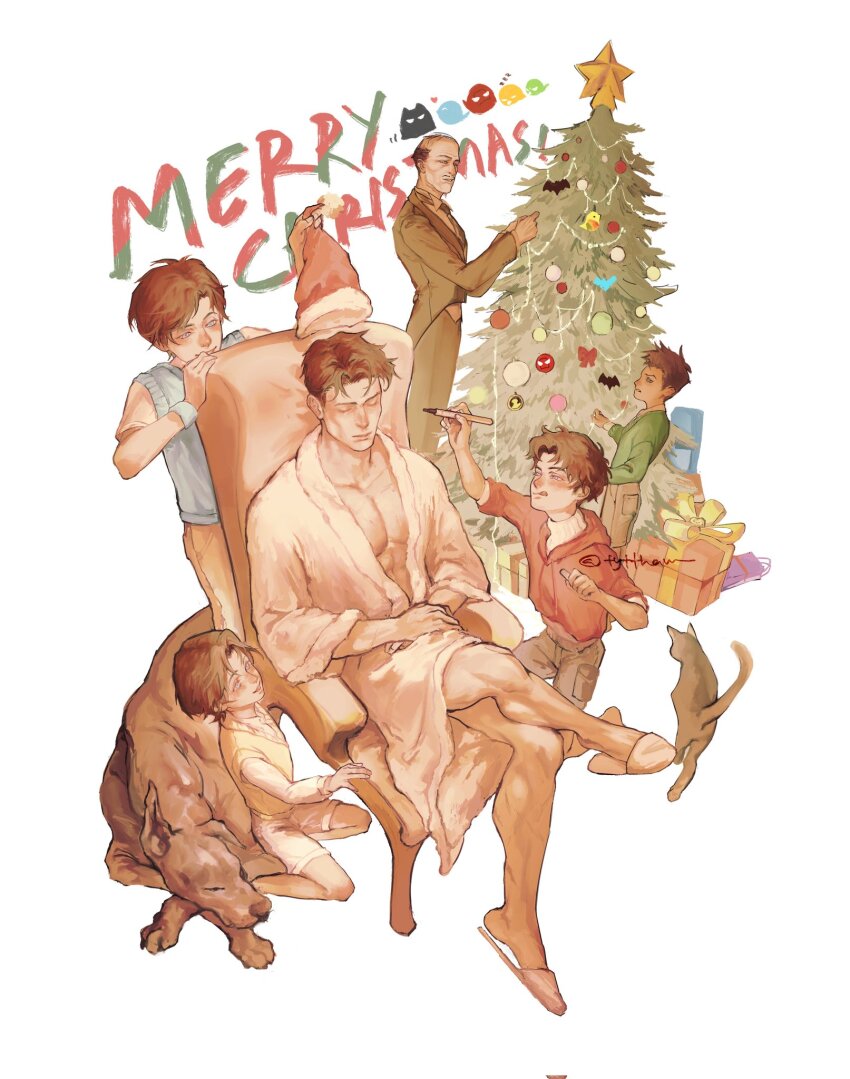 6+boys alfred_pennyworth batcat_(dc) batdog_(dc) batman batman_(series) bruce_wayne chair christmas_present christmas_tree damian_wayne dc_comics dick_grayson father_and_son gift grandfather_and_grandson highres jason_todd male_focus merry_christmas multiple_boys muscular muscular_male on_chair robin_(dc) siblings slippers superhero_costume tim_drake tyt_tham