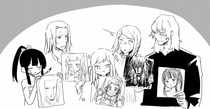 2boys 3girls :3 ^^^ absurdres bushidou_(sekaiju) bushidou_2_(sekaiju) closed_mouth cropped_torso curse_maker curse_maker_1 doctor_magus doctor_magus_4 drawing_(object) etrian_odyssey forehead grey_background hair_ribbon half-closed_eyes highres holding holding_paintbrush long_hair multiple_boys multiple_girls nikki_kyousuke paintbrush paladin_(sekaiju) paladin_2_(sekaiju) parted_bangs ponytail ranger_(sekaiju) ranger_1_(sekaiju) ribbed_sweater ribbon sarashi scar scar_on_arm shirt sparkle surprised sweat sweater two-tone_background upper_body v-shaped_eyebrows watermark white_background