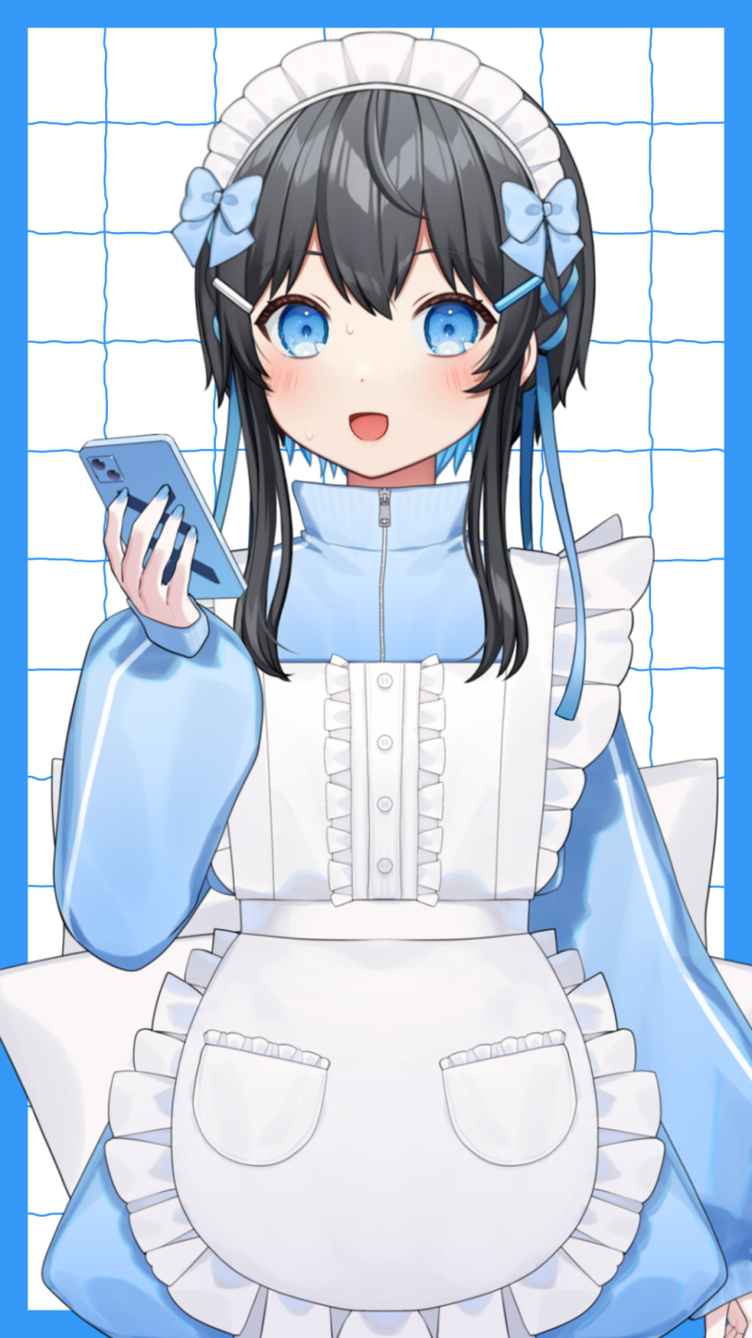 1girl :d apron black_hair blue_border blue_bow blue_eyes blue_hair blue_jacket blue_nails border bow cellphone center_frills commentary_request eyebrows_hidden_by_hair frilled_apron frills grid_background hair_ornament hairclip highres holding holding_phone indie_virtual_youtuber jacket jersey_maid kurata_rine kurata_rine_(vtuber) long_hair long_sleeves maid maid_apron maid_day maid_headdress multicolored_hair nail_polish open_mouth phone puffy_long_sleeves puffy_sleeves sleeves_past_wrists smile solo track_jacket two-tone_hair unconventional_maid virtual_youtuber white_apron white_background
