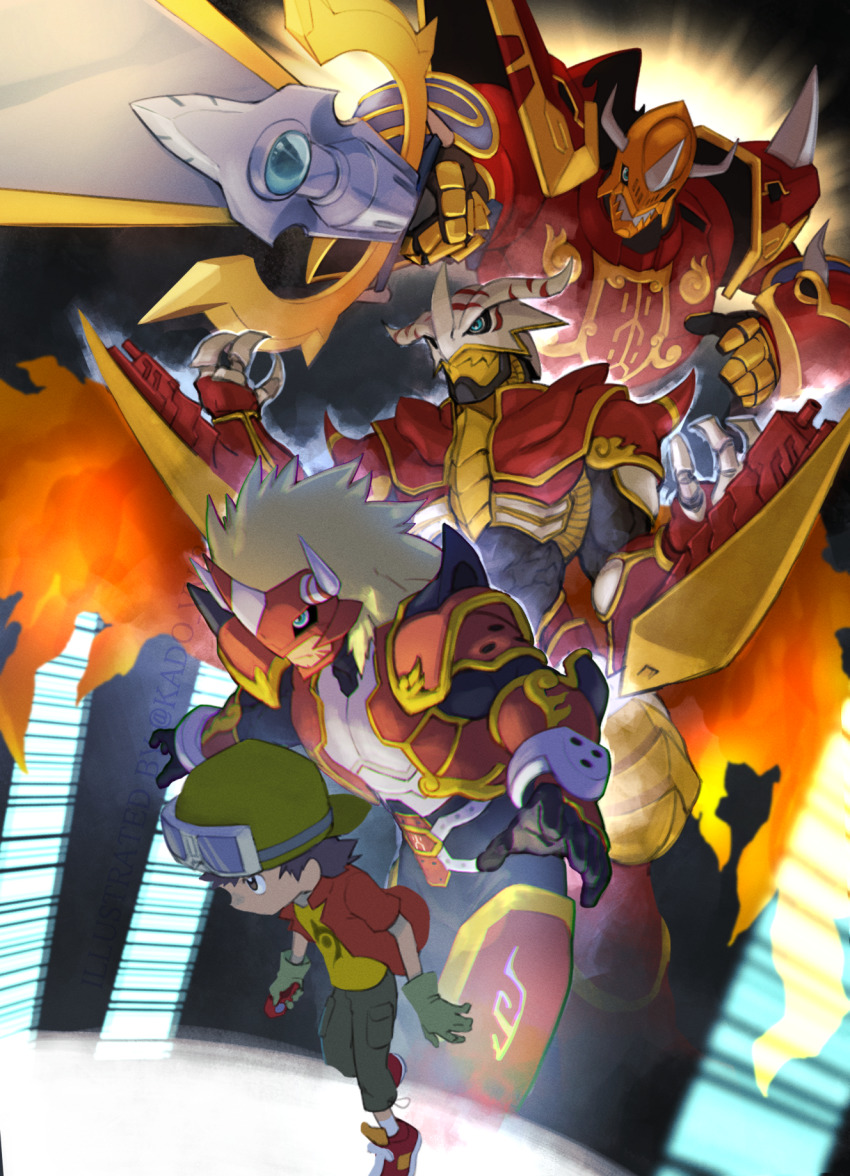 1boy agnimon aldamon armor digimon digivice goggles goggles_on_head hat helmet highres kaisergreymon kanbara_takuya vritramon
