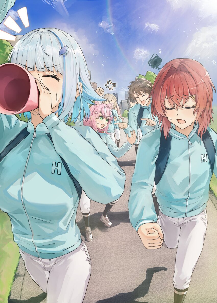 3boys 4girls :d ^_^ alternate_costume ange_katrina anger_vein animal_ears arm_up black_hair black_socks blonde_hair blue_hair blue_jacket blue_sky blunt_bangs breasts brown_hair cat_ears cheering closed_eyes cloud colored_inner_hair commentary_request crossed_bangs day doidamon exercising faceless flat_chest green_eyes grey_hair hair_intakes hair_ornament hand_up highres holding holding_megaphone jacket jersey jogging lens_flare lize_helesta long_hair long_sleeves looking_at_another mashiro_meme matching_outfits medium_hair megaphone min_suha multicolored_hair multiple_boys multiple_girls nijisanji nijisanji_kr notice_lines open_mouth outdoors pants pants_tucked_in pink_hair pointing pointing_at_another red_hair shadow shoes short_hair sidelocks sky small_breasts smile socks squiggle story_in_commentary streaked_hair suo_sango sweat teasing track_jacket triangle_hair_ornament two-tone_hair uzuki_kou v-shaped_eyebrows virtual_youtuber white_pants white_shoes yang_nari