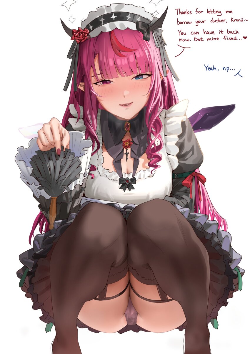 1girl absurdres bad_tag black_thighhighs blue_eyes blunt_bangs breasts chest_bow commentary drill_hair duster english_commentary english_text frills helmet heterochromia highres holding holding_duster hololive hololive_english horns implied_after_masturbation irys_(hololive) irys_(maid)_(hololive) juliet_sleeves large_breasts long_hair long_sleeves looking_at_viewer maid maid_headdress multicolored_hair official_alternate_costume official_alternate_hairstyle open_mouth pantie_shot panties pink_hair pink_nails pointy_ears pov puffy_sleeves purple_eyes red_hair smile solo squatting stained_panties streaked_hair tanukidraws thick_thighs thighhighs thighs under_skirt underwear virtual_youtuber