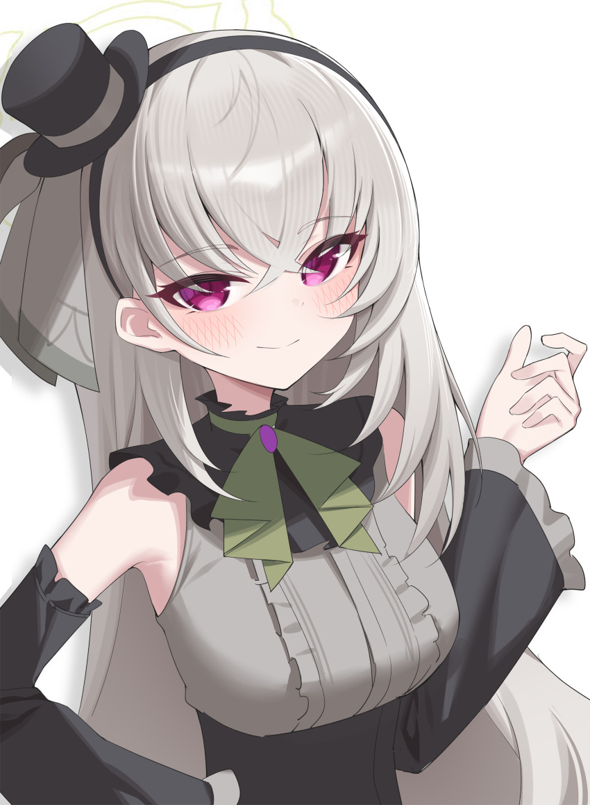 1girl absurdres bare_shoulders black_dress blue_archive closed_mouth commentary crossed_bangs detached_sleeves dress english_commentary green_halo grey_hair halo hat highres jei_(user_tckk7448) long_sleeves looking_at_viewer mini_hat official_alternate_costume purple_eyes sakurako_(blue_archive) sakurako_(idol)_(blue_archive) solo upper_body white_background wide_sleeves