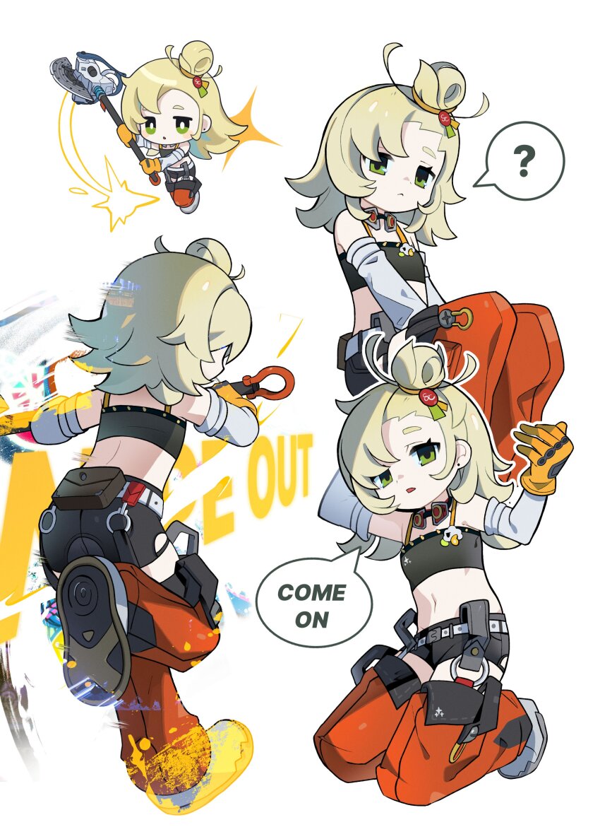 1girl ? absurdres axe belt black_shirt black_shorts blonde_hair camisole chibi closed_mouth crop_top detached_pants detached_sleeves english_text flat_chest gloves goggles goggles_around_neck green_eyes hair_bun highres holding holding_axe medium_hair midriff morizo_(morizoshop) multiple_views navel piper_wheel pouch shirt shoes shorts simple_background sparkle speech_bubble spoken_question_mark white_background white_footwear yellow_gloves zenless_zone_zero