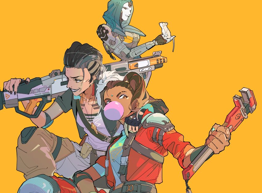 3girls android animal animification apex_legends ash&#039;s_rat_(apex_legends) ash_(titanfall_2) black_gloves black_jacket blue_shirt brown_hair chewing_gum dark-skinned_female dark_skin eyebrow_cut eyeshadow facial_mark fingerless_gloves forehead_mark fur-trimmed_jacket fur_trim gloves gun highres holding holding_animal holding_gun holding_weapon holding_wrench hood hood_up jacket m1904_mastiff mad_maggie_(apex_legends) makeup multiple_girls orange_background orange_jacket over_shoulder problem_solver_(apex_legends) purple_eyeshadow rampart_(apex_legends) shirt side_ponytail simple_background simulacrum_(titanfall) thundergotch weapon weapon_over_shoulder white_shirt wrench