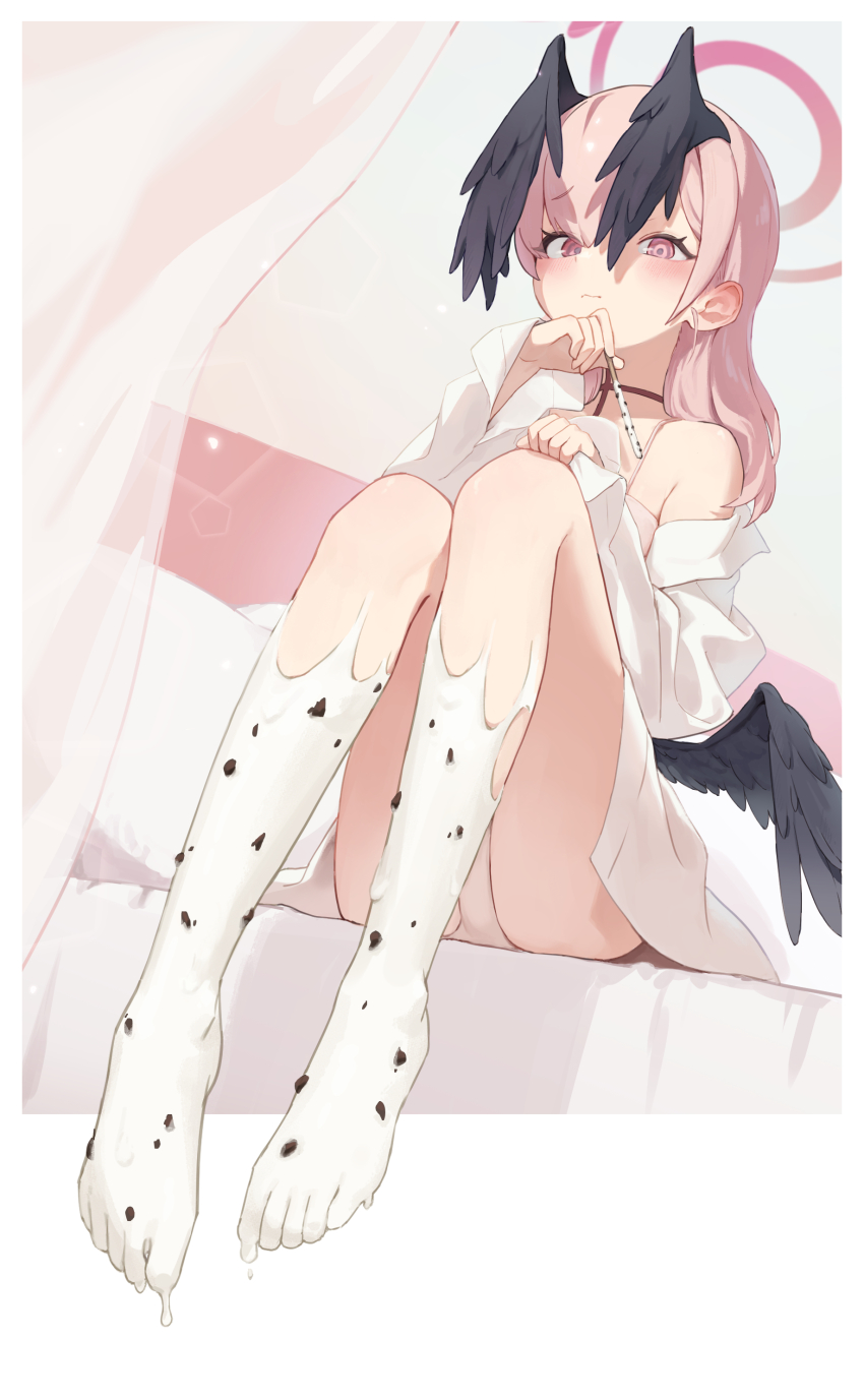1girl absurdres bamyamsj barefoot bed black_wings blue_archive blush candy chocolate chocolate_on_body chocolate_on_foot chocolate_on_legs commentary ear_blush feathered_wings feet food food_on_body furrowed_brow hair_behind_ear hair_between_eyes hair_down halo hand_on_own_knee hand_up head_wings headboard highres holding holding_candy holding_food holding_pocky knees_to_chest knees_up koharu_(blue_archive) loli long_sleeves looking_at_viewer low_wings off_shoulder panties pillow pink_eyes pink_hair pink_halo pocky red_halo shirt sitting solo thighs toes unbuttoned unbuttoned_shirt underwear white_shirt wings
