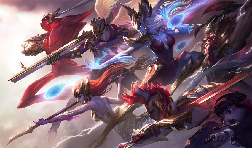 2girls 4boys :d armor arms_up bad_source ball beard black_hair black_jacket boots breasts clenched_hand collarbone colored_skin dark-skinned_male dark_skin dress ekko_(league_of_legends) facial_hair formal_clothes from_side gauntlets glowing glowing_eyes gun helmet holding holding_gun holding_staff holding_sword holding_weapon jacket jhin knee_boots large_breasts league_of_legends long_hair long_sleeves magic mermaid monster_girl multiple_boys multiple_girls muscular muscular_male nami_(league_of_legends) official_alternate_costume official_art olaf_(league_of_legends) open_mouth outdoors red_hair red_skin rifle short_hair skt_t1_ekko skt_t1_jhin skt_t1_nami skt_t1_olaf skt_t1_syndra skt_t1_zac slime_(substance) smile staff sunlight sword syndra teeth weapon white_hair zac_(league_of_legends)