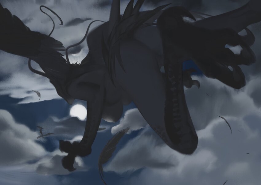 1boy 1girl 7enn antennae bird_wings breasts dark_skin demon demon_girl demon_tail demon_wings devilman devilman_(character) devilman_crybaby feather_hair feathered_wings feathers flying fudou_akira highres large_breasts nipples nude sirene_(devilman) sky tail wings