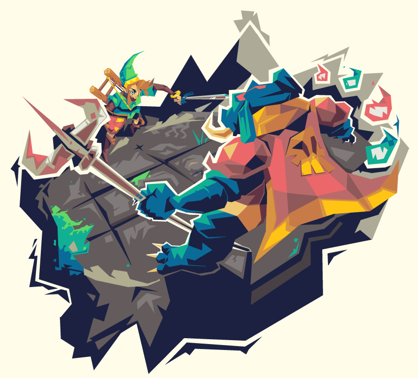 2boys absurdres armor blue_eyes brown_hair buginacup cape commentary english_commentary ganon green_headwear highres holding holding_shield holding_sword holding_weapon ladder link multiple_boys nintendo polearm red_cape shield sidelocks skull_print stepladder sword the_legend_of_zelda trident weapon