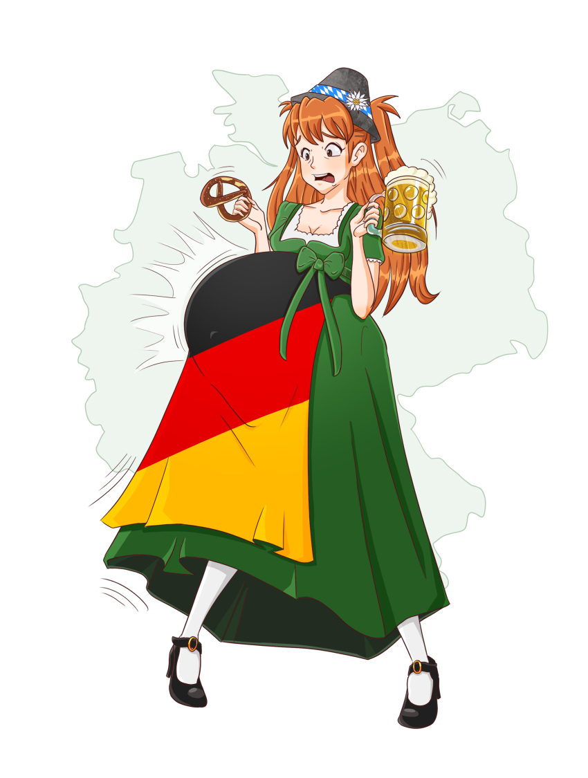 absurdres bad_id beer_mug black_shoes cup dress food german_clothes german_flag germania germany green_dress highres miss_germany mug non-web_source orange_hair original plus1b pregnant pretzel shoes surprised