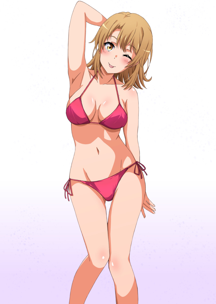 1girl arm_behind_head arm_up armpits bikini blonde_hair blush breasts breasts_apart feet_out_of_frame gradient_background grey_background highres isshiki_iroha knees_together_feet_apart konoyan looking_at_viewer medium_breasts medium_hair navel one_eye_closed presenting_armpit red_bikini side-tie_bikini_bottom solo standing swimsuit tongue tongue_out yahari_ore_no_seishun_lovecome_wa_machigatteiru. yellow_eyes