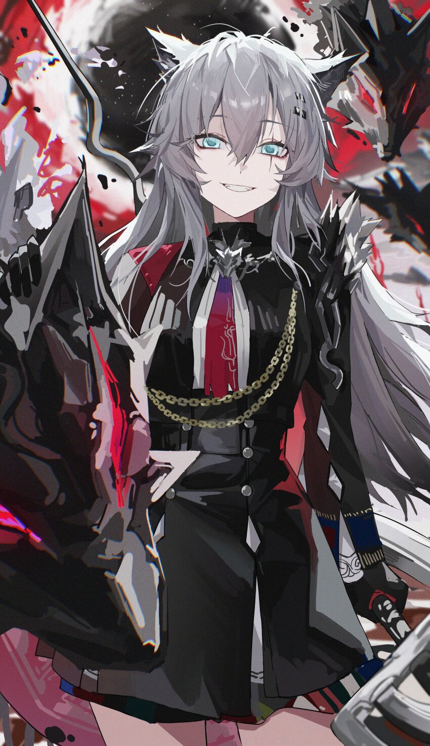 1girl absurdres aiguillette animal_ears arknights black_gloves black_jacket buttons cape commentary_request cowboy_shot double-breasted eimizzzzz gloves gradient_necktie grey_hair grin hair_between_eyes hair_ornament hairclip high-waist_skirt highres jacket lappland_(arknights) lappland_the_decadenza_(arknights) long_hair long_sidelocks long_sleeves looking_at_viewer multicolored_necktie necktie petting red_cape red_necktie ribbed_shirt scar scar_across_eye scar_on_face shirt sidelocks single_shoulder_pad skirt smile solo two-tone_necktie white_shirt wolf_brooch wolf_ears wolf_girl