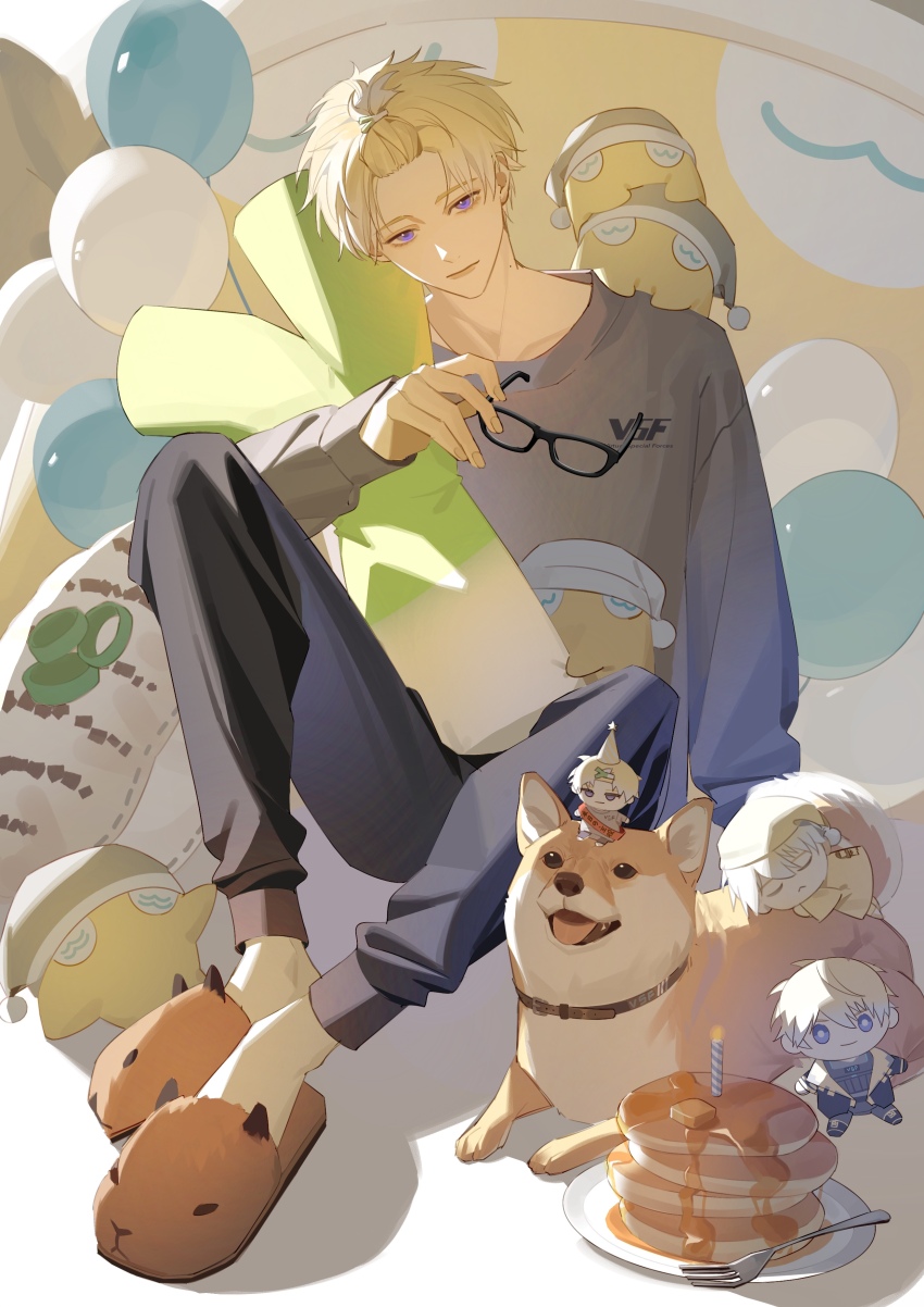 1boy absurdres animal animal_slippers arm_on_knee balloon bangs_pinned_back black-framed_eyewear black_hat black_pants black_shirt blonde_hair blue_eyes briskadet_(sonny_brisko) candle capybara character_doll closed_eyes closed_mouth collar collarbone colored_skin commentary crew_neck dog english_commentary food fork glasses hat highres holding holding_removed_eyewear kn_4525 knee_up long_sleeves looking_at_viewer lying male_focus nightcap nijisanji nijisanji_en on_head on_shoulder on_stomach oversized_food oversized_object pancake pancake_stack pants plate plush_food pom_pom_(clothes) shiba_inu shirt short_hair sitting slippers solo sonny_brisko sonny_brisko_(3rd_costume) spring_onion sweatpants unworn_eyewear utensil virtual_youtuber yellow_skin