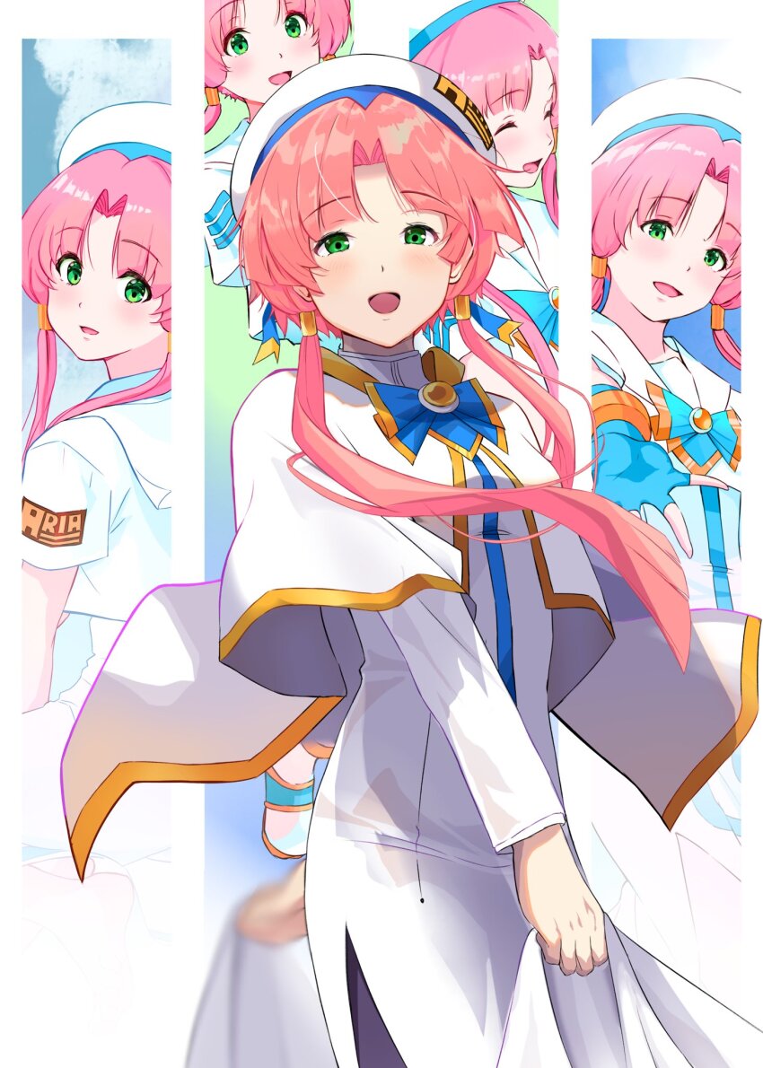 1girl :d andanden aria_(manga) aria_company_uniform beret blue_bow blue_bowtie blue_gloves blue_ribbon bow bowtie capelet cowboy_shot dress eyelashes fingerless_gloves gloves gold_trim green_eyes hat hat_ribbon highres long_sleeves looking_at_viewer mizunashi_akari multiple_views open_mouth pantyhose parted_bangs pink_hair purple_pantyhose ribbon short_hair_with_long_locks side_slit skirt_hold smile white_capelet white_dress white_hat