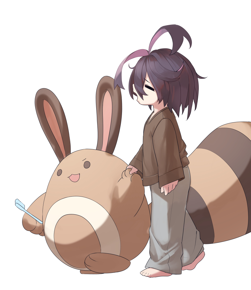 1boy absurdres aged_down barefoot brown_shirt closed_eyes commentary_request from_side gen_2_pokemon highres hoishere7 holding_hands kieran_(pokemon) long_sleeves male_focus medium_hair nintendo open_mouth pants pokemon pokemon_(creature) pokemon_sv sentret shirt simple_background standing toes toothbrush white_background