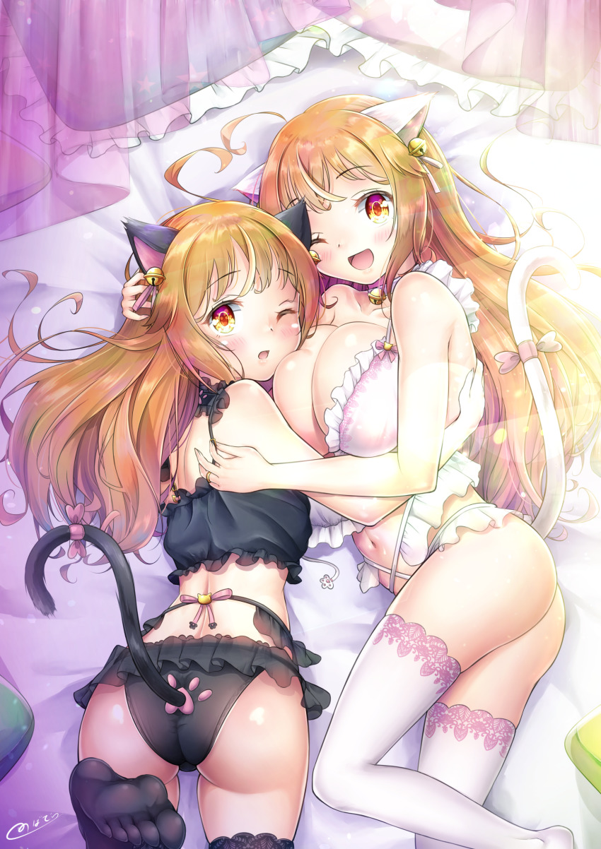 1boy 1girl ahoge androgynous animal_ears ass bare_shoulders bed blush breasts breasts_squeezed_together brother_and_sister bulge cat_ears cat_lingerie cat_tail highres hug large_breasts long_hair looking_at_viewer looking_back lying meme_attire natsusora_aona natsusora_wakana novady on_side on_stomach one_eye_closed open_mouth orange_eyes orange_hair original panties shiny_clothes shiny_skin siblings smile tail thighhighs thighs trap twins underwear wide_hips wince wink